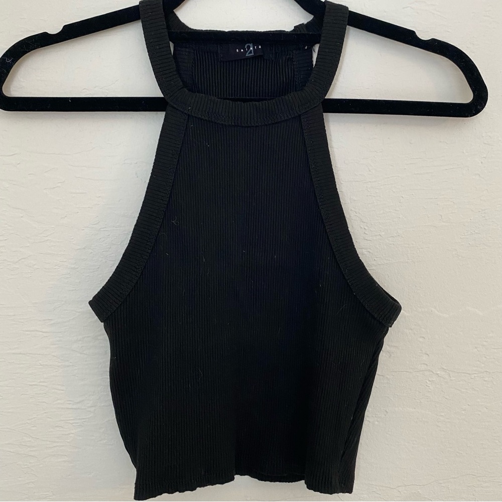 Black Ribbed Halter Crop Tank Top